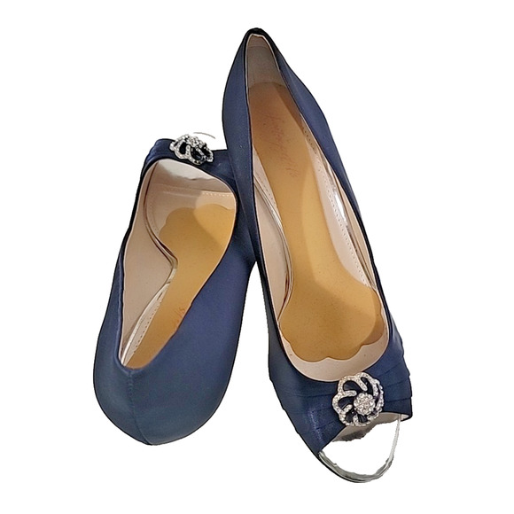 Erijunor Navy Blue Satin Peep-Toe Heels With Rhinestones Size 11B0 - Picture 6 of 14